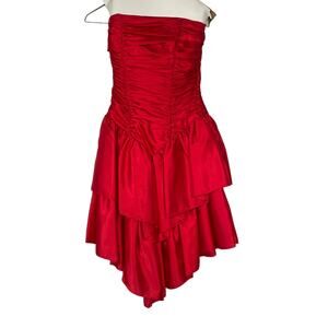 Roberta Red Satin Tiered Strapless Hoco Prom Dress Formal '90s Ruched